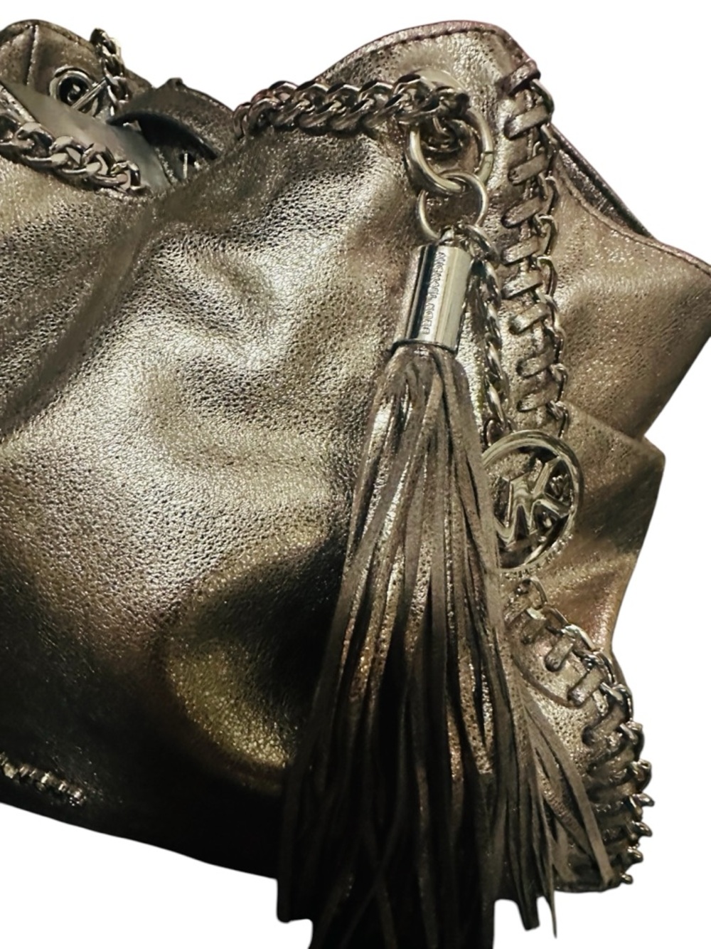 Michael Kors Metallic Silver Leather Shoulder Tote with Tassel - Picture 9 of 17
